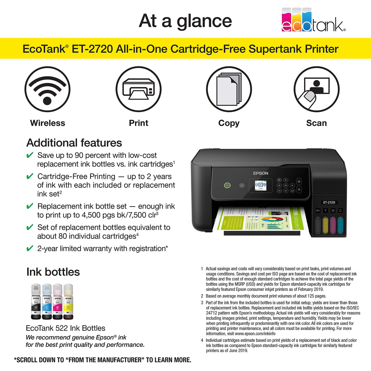 Epson EcoTank ET-2720 Wireless Color All-in-One Supertank Printer with Scanner and Copier - Black Epson