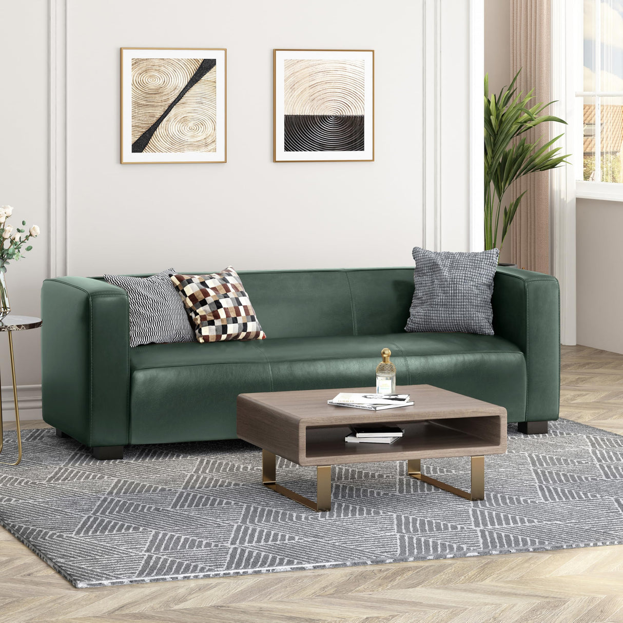 Christopher Knight Home Vevia Faux Leather Sofa, 3 Seater Couch, Upholstered Sofa, Large Lounge Chair, Birch Wood Legs Armchair, Classic Tuxedo Design Couch for Living Room Bedroom, Green Christopher Knight Home