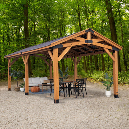 Backyard Discovery Norwood 24 ft. x 12 ft. Cedar Wood Gazebo,Thermal Insulated Steel Roof, Durable, Supports Snow Loads and Wind Speed, Rot Resistant, Backyard, Deck, Garden, Patio Light Brown