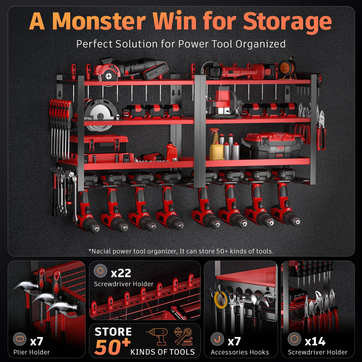 Power Tool Organizer Wall Mount, 4 Layer Drill Holder Wall Mount, Heavy Duty Tool Rack, Garage Tool Organizers and Utility Storage Rack for Drill Holder Charging Station, Perfect for Father's Day Gift Nacial