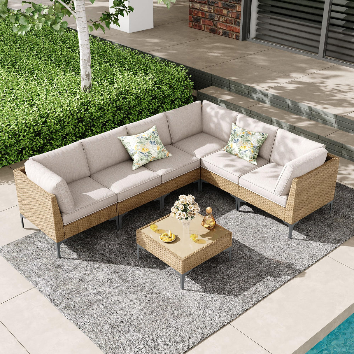 SunloungeCo 7-Piece Patio Furniture Set, Outdoor Wicker Sectional Sofa with Coffee Table, Anti-Slip & Thick All-Weather Cushions for Sunroom,Garden,Backyard, Beige SunloungeCo