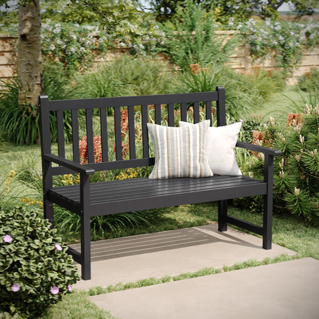 Flash Furniture Adele Commercial Indoor/Outdoor Acacia Wood Bench, 2-Person Slatted Patio Loveseat, for Use in Yard, Garden, Porch, or Park, Black Flash Furniture