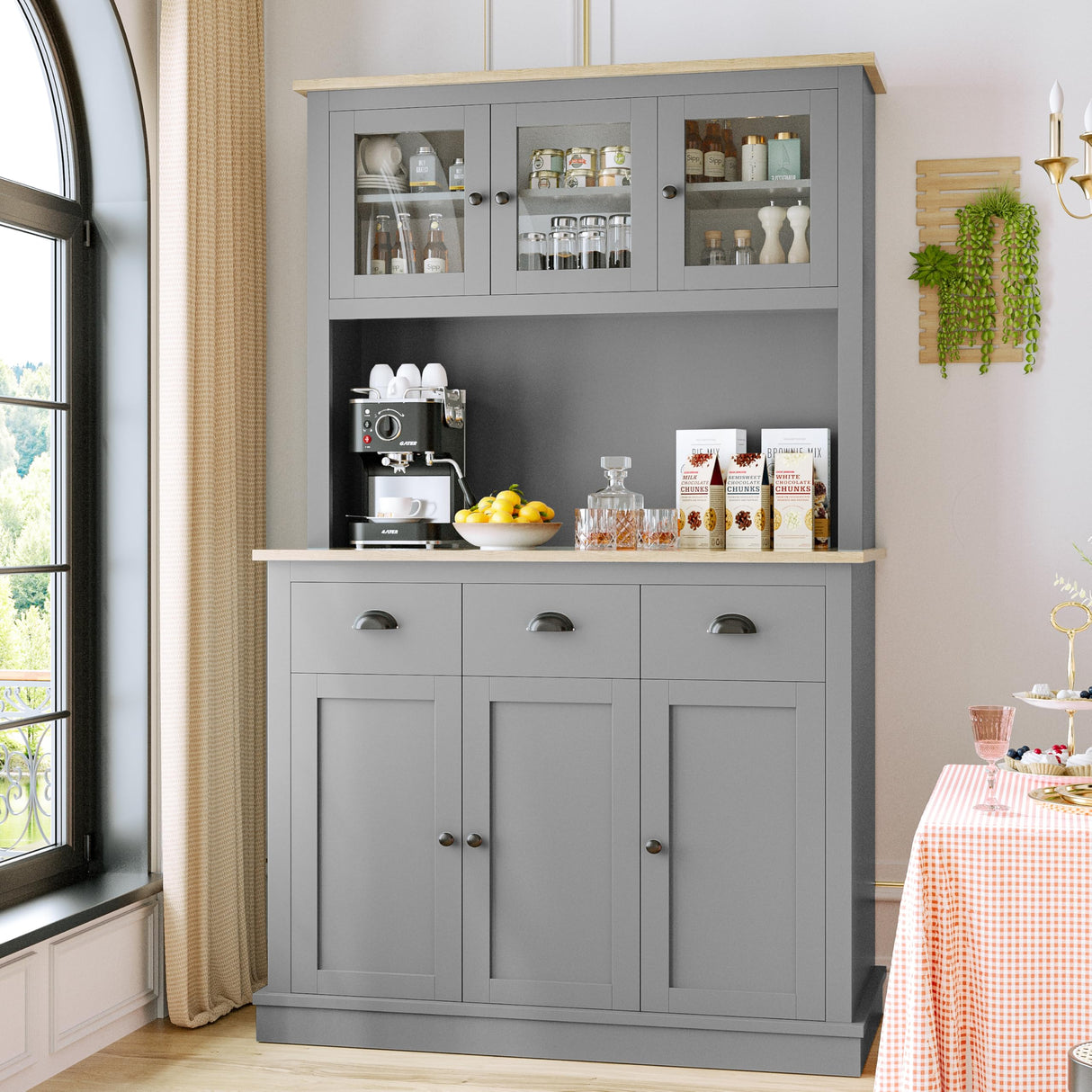 MU 71" Kitchen Hutch Storage Cabinet with Countertop, Tall Freestanding Kitchen Pantry Cabinet with Drawers, Drawers & Microwave Shelf, China Hutch for Kitchen, Dining Room, Living Room, Grey MU