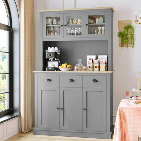 MU 71" Kitchen Hutch Storage Cabinet with Countertop, Tall Freestanding Kitchen Pantry Cabinet with Drawers, Drawers & Microwave Shelf, China Hutch for Kitchen, Dining Room, Living Room, Grey MU