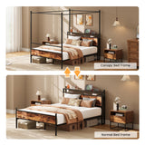 LIKIMIO Canopy Bed Frame Queen with Storage Headboard & Charging Station, Sturdy Metal Platform Bed with 4 Removable Posts, Dual Purpose Bed Frame, No Box Spring Needed, Noise Free LIKIMIO
