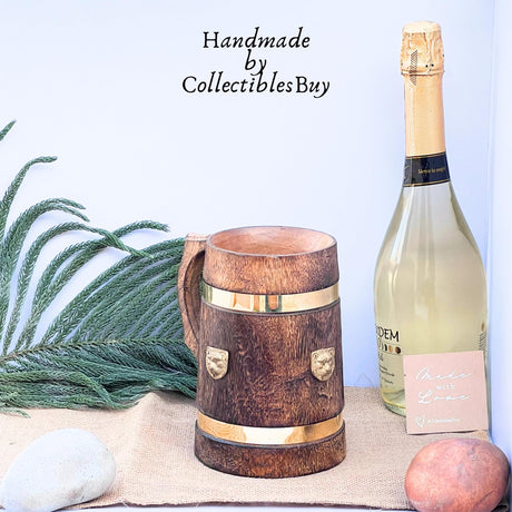 collectiblesBuy Handmade Wooden Beer Mug Stein Brass Barrel Design With Embossed Metal Lion Wood Tankard Beverages Vintage Style Medieval Inspired Kitchen & Bar Accessories collectiblesBuy