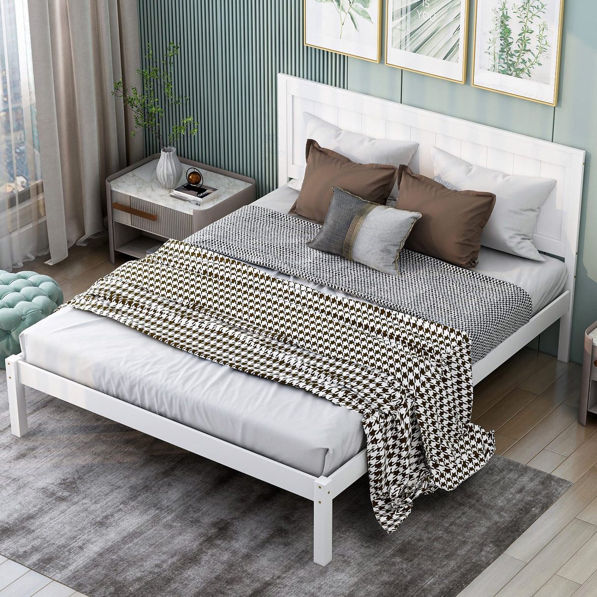 Merax Queen Size Wood Platform Bed with Headboard – White Finish, No Box Spring Needed Merax