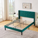 VECELO Dark Green Upholstered Queen Size Platform Bed Frame with Stylish Headboard and Wooden Slats – No Box Spring Needed VECELO