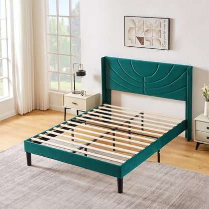 VECELO Queen Size Upholstered Platform Bed Frame with Fabric Headboard,Wooden Slats Support/No Box Spring Needed/Mattress Foundation,Dark Green