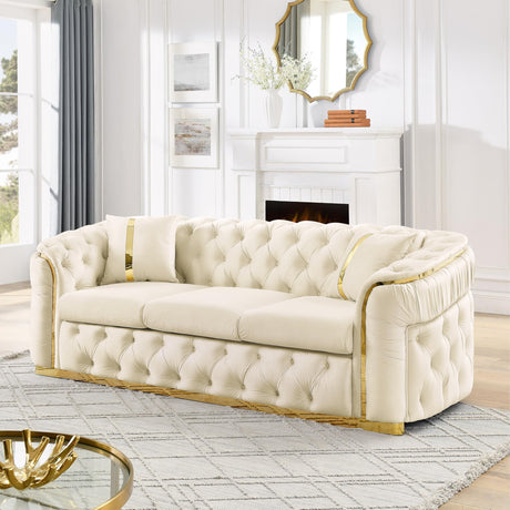 KEIKI 91" Luxury Oversized Velvet Chesterfield Sofa with Gold Stainless Steel Accents and 2 Pillows, Mid-Century Style 3-Seater Button Tufted Couch, Easy Assembly, for Apartment, Living Room, Beige KEIKI