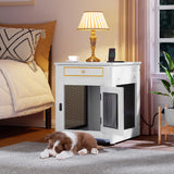 DWVO Dog Kennel Furniture with Dual USB Charger, Dog Crate End Table with Tray, Wooden Dog Crate Furniture with Cushion for Small Dogs, White DWVO