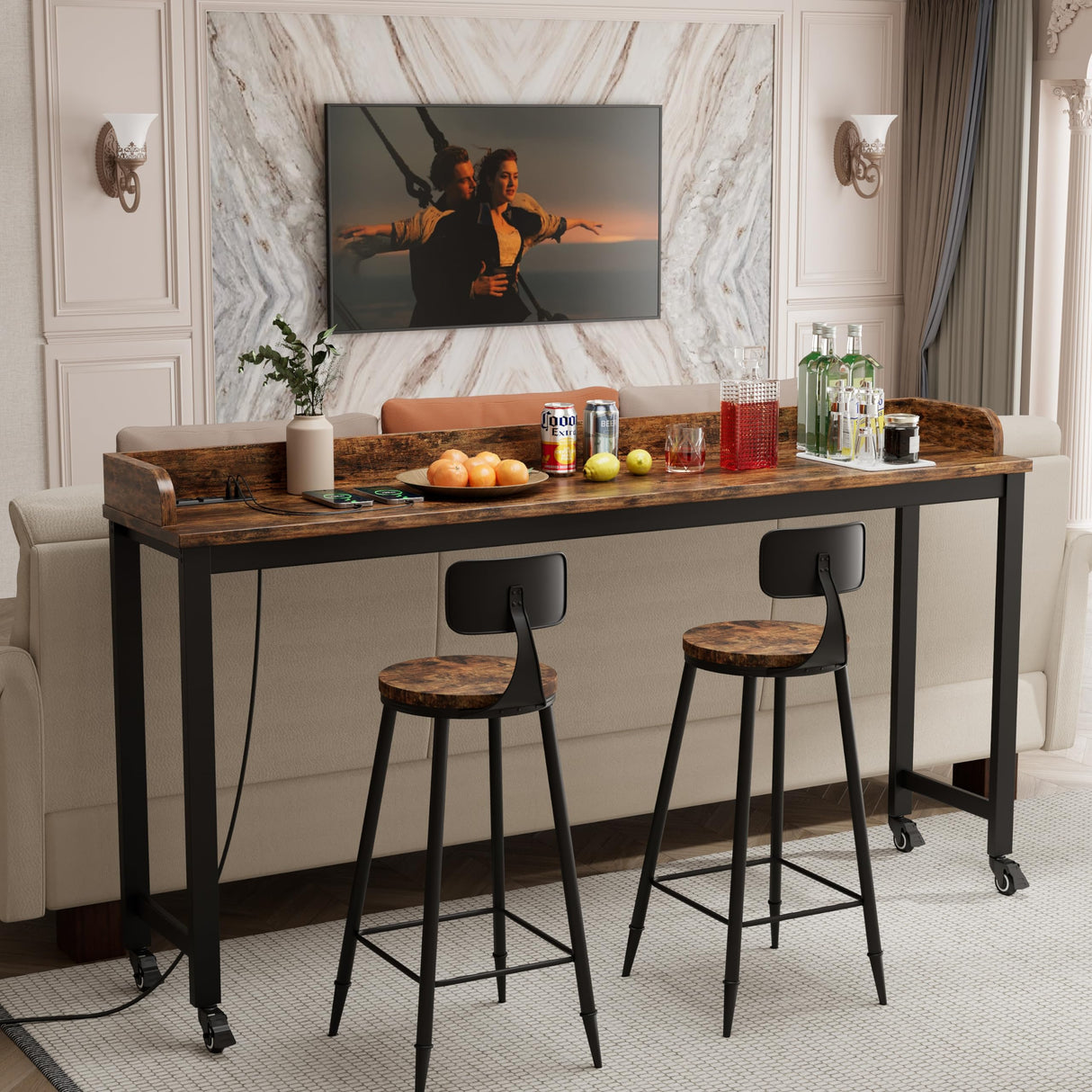 70.8" Standing Desk with Charging Station, Extra Long Desk on Wheels for Standing and Sitting, Sofa Table Behind Couch with Power Outlets and USB Ports, Easy Assembly, Walnut Ytaoka