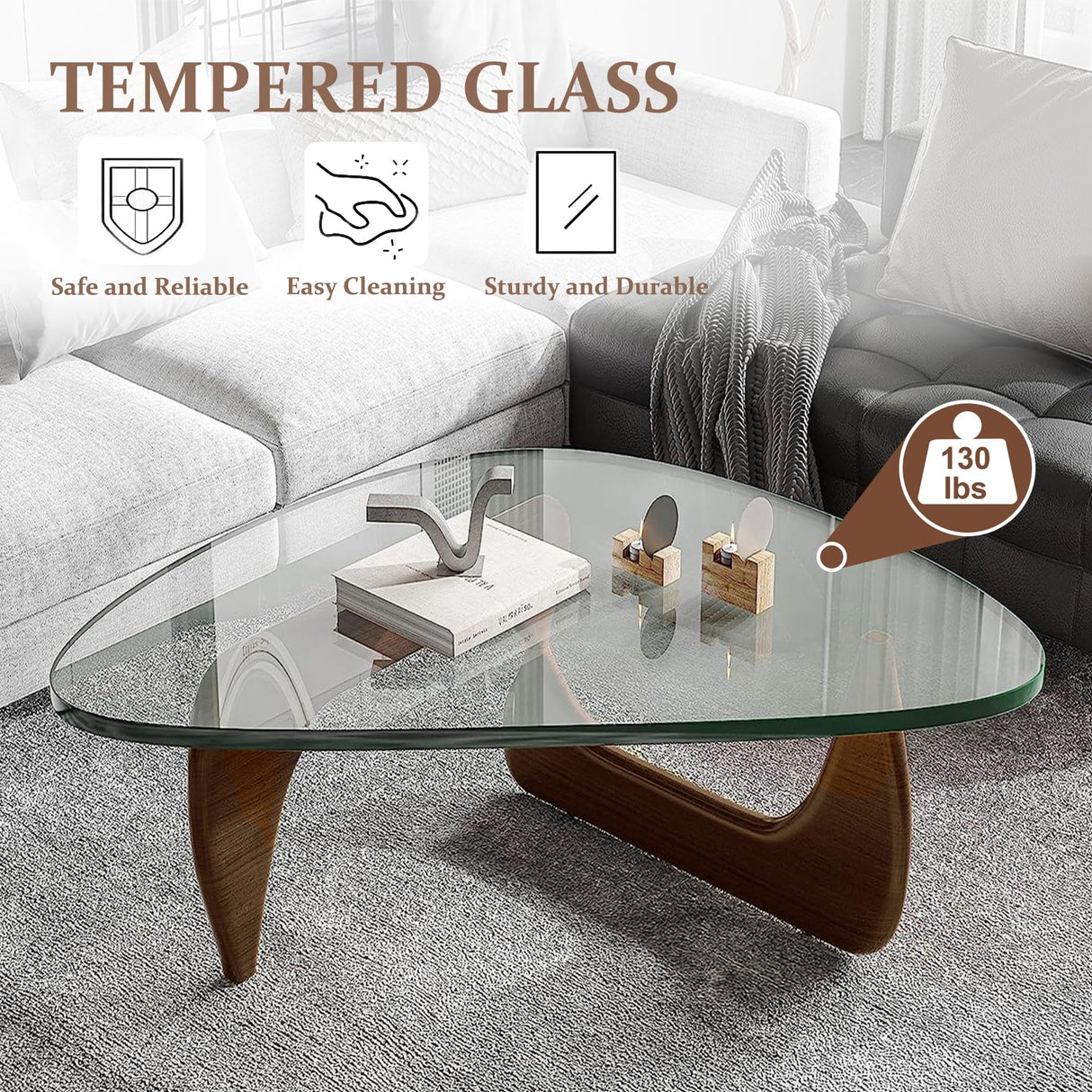 Mid-Century Modern Coffee Table - Triangle Glass Top Natural Wood Base Triangle Coffee Table for Living Room Patio Office Abstract End Tables (Walnut/Brown, Large 45 * 32.3 * 15.7) PRITIY