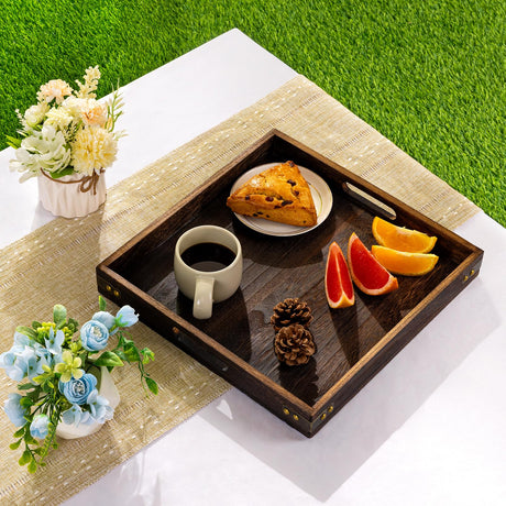 Yangbaga Serving Tray with Handles,13"*13"Wood Decorative Tray for Living Room,Modern Coffee Table Tray,Square Large Serving Platters for Home Decor,Ottoman,Bed,Kitchen,Bathroom, Breakfast,Bar Yangbaga