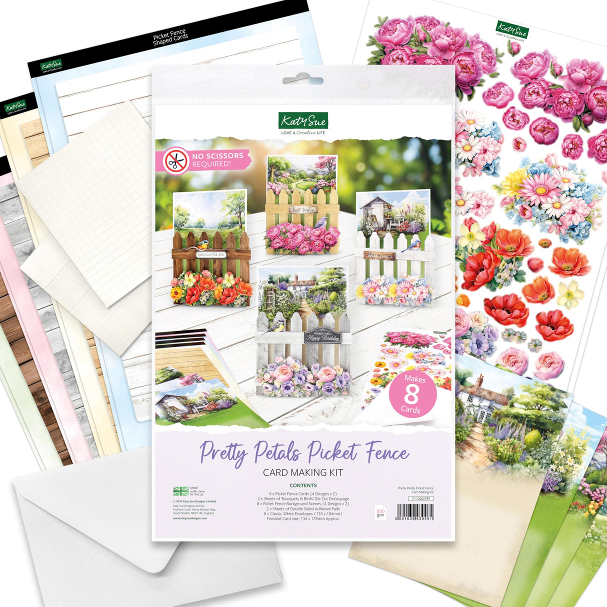 Katy Sue Pretty Petals Picket Fence Card Making Kit. Contains 8 Shaped Cards, 2 Sheets of Die Cut Decoupage, Foam Pads, 8 Envelopes & Instructions. for Card Making Supplies & Card Crafting Katy Sue