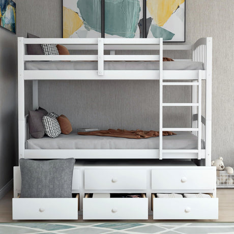 Harper & Bright Designs Twin Over Twin Bunk Bed with Trundle and Storage Drawers, Wood Bunk Bed with Safety Rail and Ladder for Kids Teens Adults, No Box Spring Required (White) Harper & Bright Designs