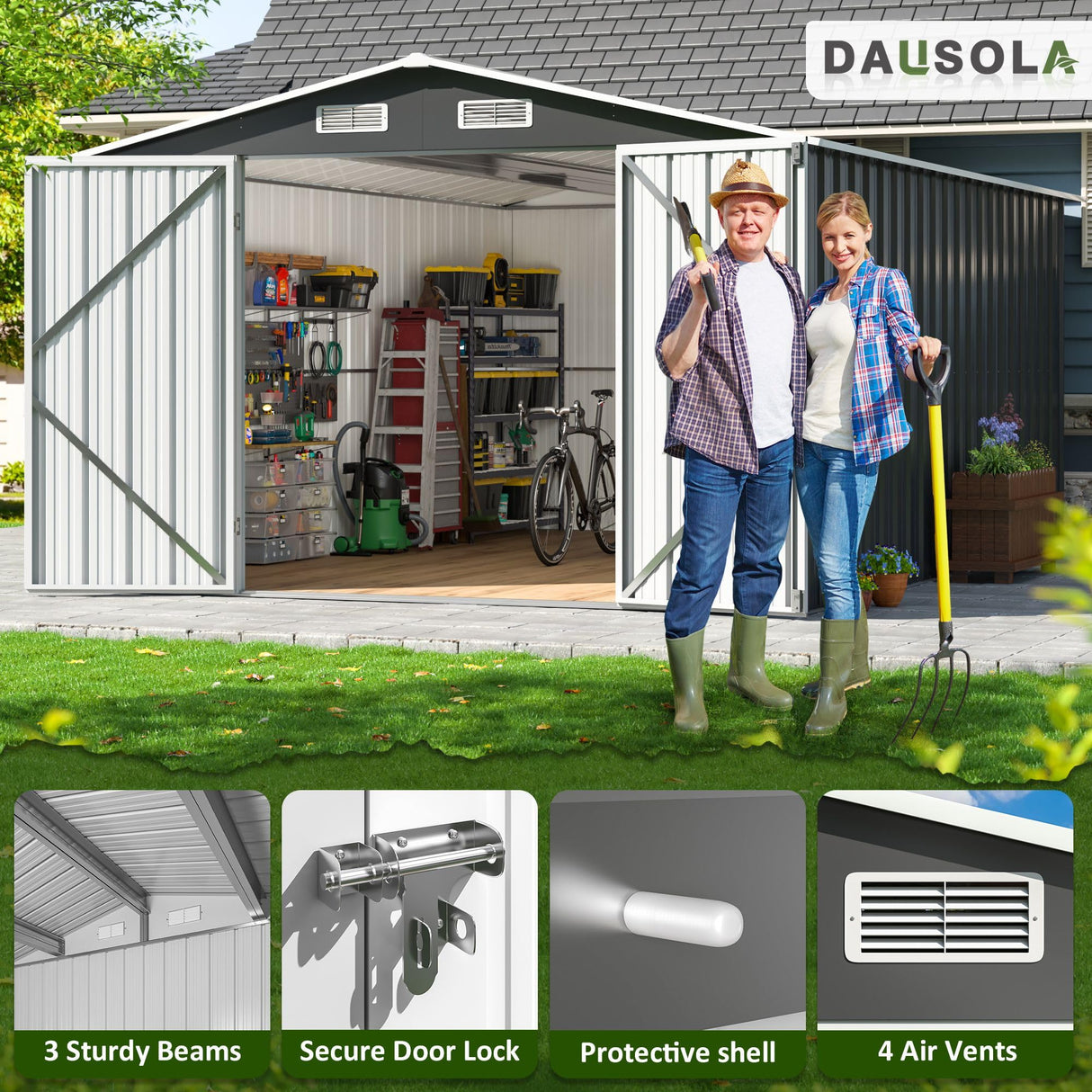 DAUSOLA 10x14 FT Outdoor Storage Shed, Metal Garden Tool Shed with Updated Frame Structure and Lockable Doors, Ideal for Backyard Garden Patio Lawn, Grey DAUSOLA