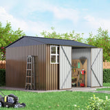 HOGYME 10x10 FT Outdoor Storage Shed, Large Metal Tool Sheds with Updated Frame Structure and Lockable Doors, Garden Shed for Backyard Garden Patio Lawn, Brown HOGYME