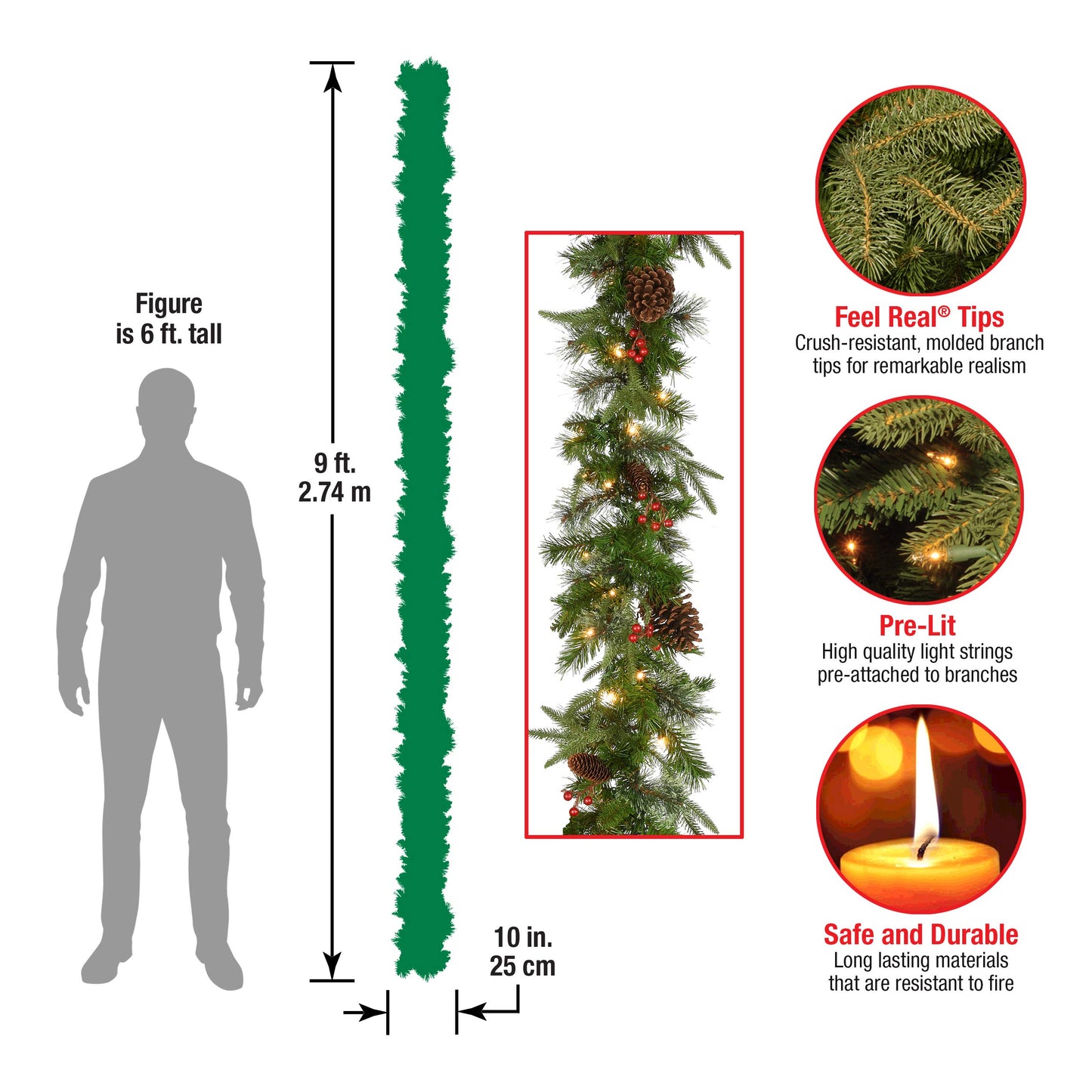 National Tree Company Pre-Lit 'Feel Real' Artificial Christmas Garland, Green, Colonial Fir, White Lights, Decorated With Pine Cones, Plug In, Christmas Collection, 9 Feet