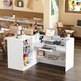 L-Shaped Reception Desk with Counter,Modern Retail Counter with Transparent Display Case,Front Desk Reception Room Table with 2 Drawers & Open Shelves for Checkout, Lobby,Shop White DouxVibe