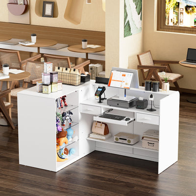 L-Shaped Reception Desk with Counter,Modern Retail Counter with Transparent Display Case,Front Desk Reception Room Table with 2 Drawers & Open Shelves for Checkout, Lobby,Shop White