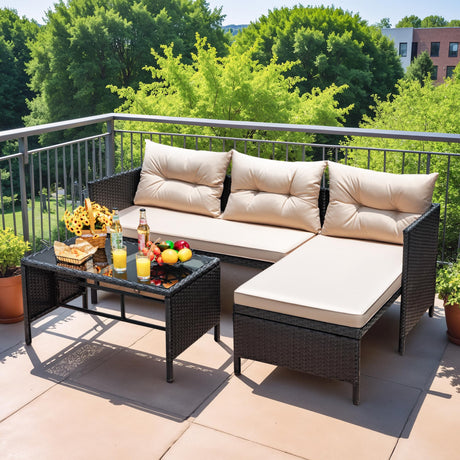 Devoko Outdoor Patio Furniture 3-Piece Rattan Waterproof Outdoor Sectional Sofa All-Weather L Shaped Patio Couch with Cushion Glass Table for Balcony, Garden (Beige) Devoko