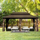 Domi 12' X 18' Hardtop Gazebo, Aluminum Metal Gazebo with Galvanized Steel Double Roof Canopy, Curtain and Netting, Permanent Gazebo Pavilion for Party, Wedding, Outdoor Dining, Brown domi outdoor living