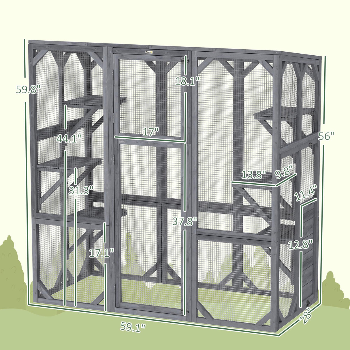 PawHut Catio Outdoor Cat Enclosure, Large Wooden Cat House with 6 Jumping Platforms, Weatherproof Roof, Outdoor Cat Cage Cat Shelter for 1-3 Cats, 59" x 28" x 60", Gray PawHut