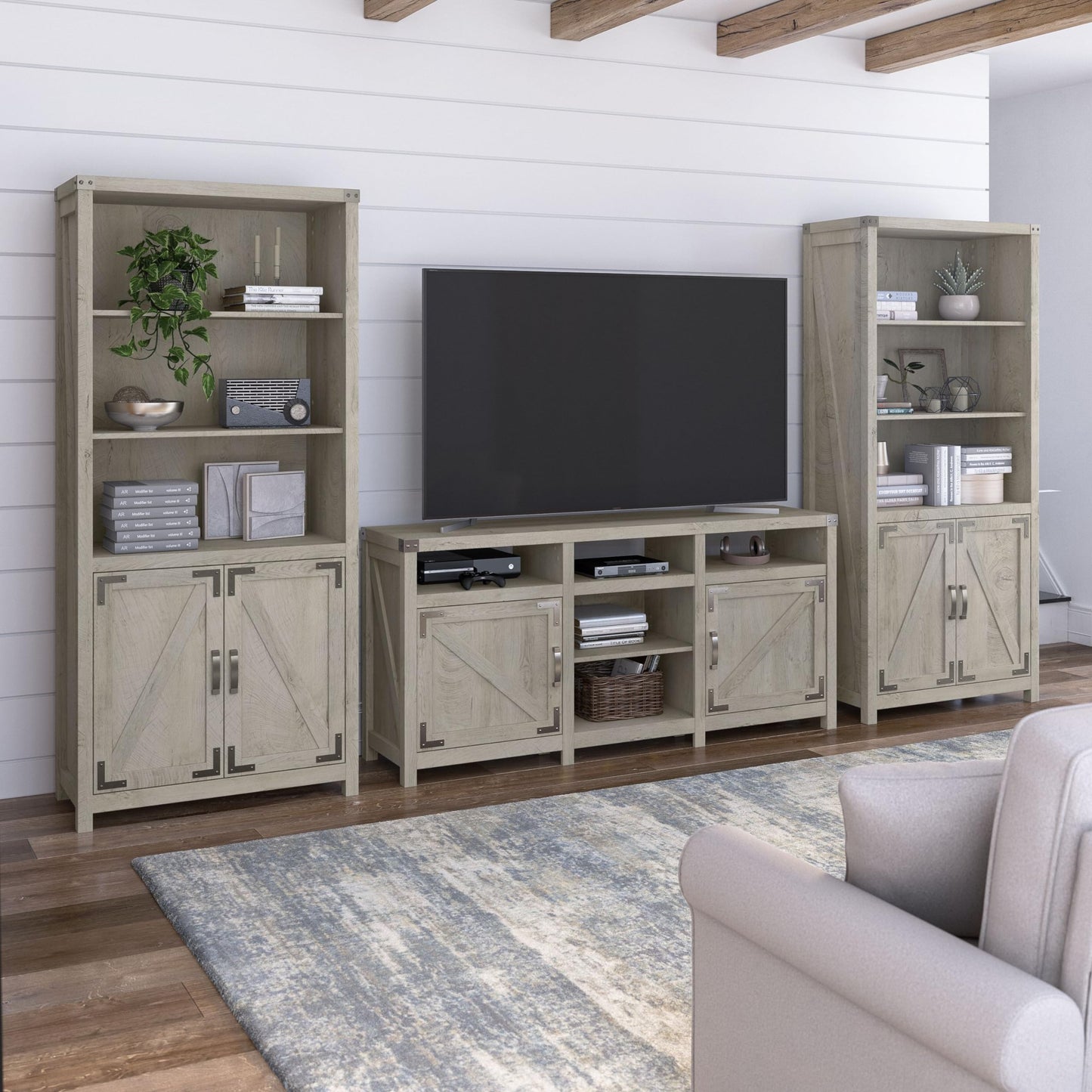 Knoxville Farmhouse TV Stand for 70 Inch TV with 5 Shelf Bookcases in Cottage White - WoodArtSupply