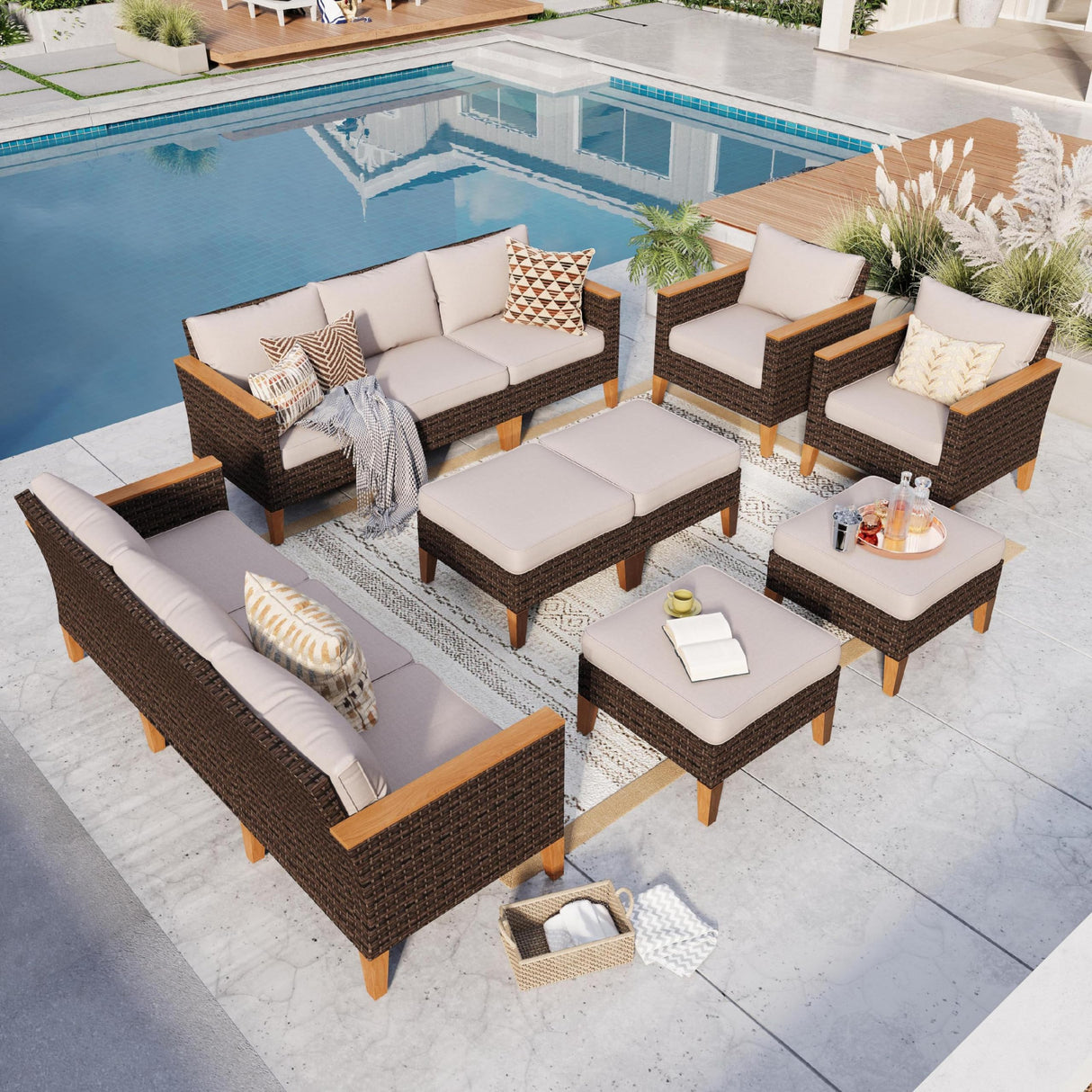 GREEN PARTY 12 Pieces Wicker Patio Furniture Set, All-Weather Outdoor Rattan Patio Sectional Sofa Conversation Set with 4" Thick Cushions for Garden, Backyard, 2 x Ottomans GREEN PARTY