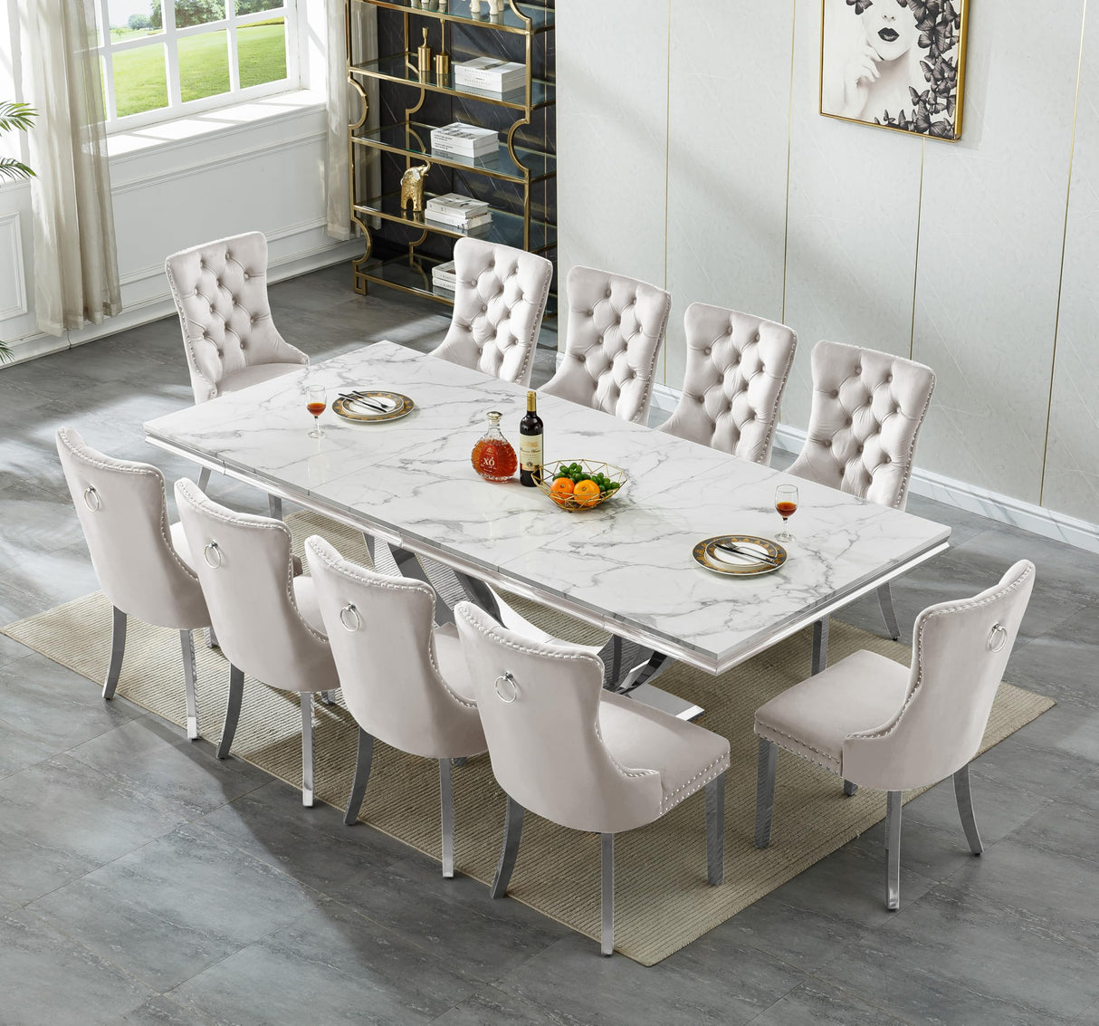 KUVADAZ 94" Modern White Silver Faux Marble Dining Room Table Set for 10, 11-Piece Rectangle Kitchen Dining Room Table Set with Dual U-Shaped Stainless Steel Legs and 10 Beige Velvet Dining Chairs KUVADAZ