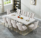 KUVADAZ 94" Modern White Silver Faux Marble Dining Room Table Set for 10, 11-Piece Rectangle Kitchen Dining Room Table Set with Dual U-Shaped Stainless Steel Legs and 10 Beige Velvet Dining Chairs KUVADAZ