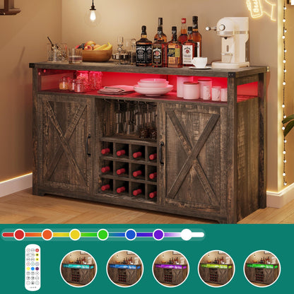 YITAHOME Bar Cabinet with LED Lights, 55" Farmhouse Buffet Coffee Bar Cabinet with Storage, Wine Liquor Cabinet with Adjustable Shelves for Kitchen, Living Room, Dark Rustic Oak