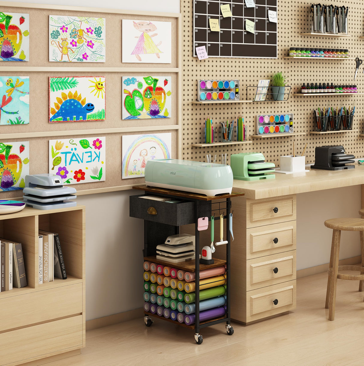 Lyuwanxian Craft Organizers and Storage Cart: Craft Room Cart for Organizing Cutting Accessories and Machine, Vinyl Roll Storage and Organization Holder, Heat Press Stand Table with Wheels Lyuwanxian