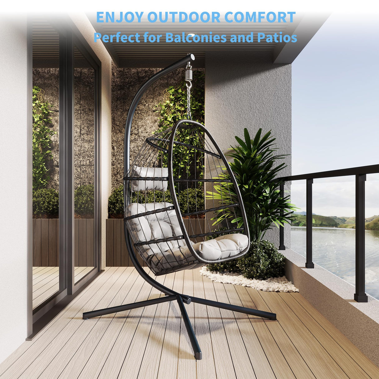 EcoTide Hanging Egg Chair with Stand, Indoor Outdoor Swing Egg Chair, Patio Wicker Rattan Hammock Egg Chairs with Cushion for Bedroom, Balcony, Garden,350LBS Capacity-Grey EcoTide