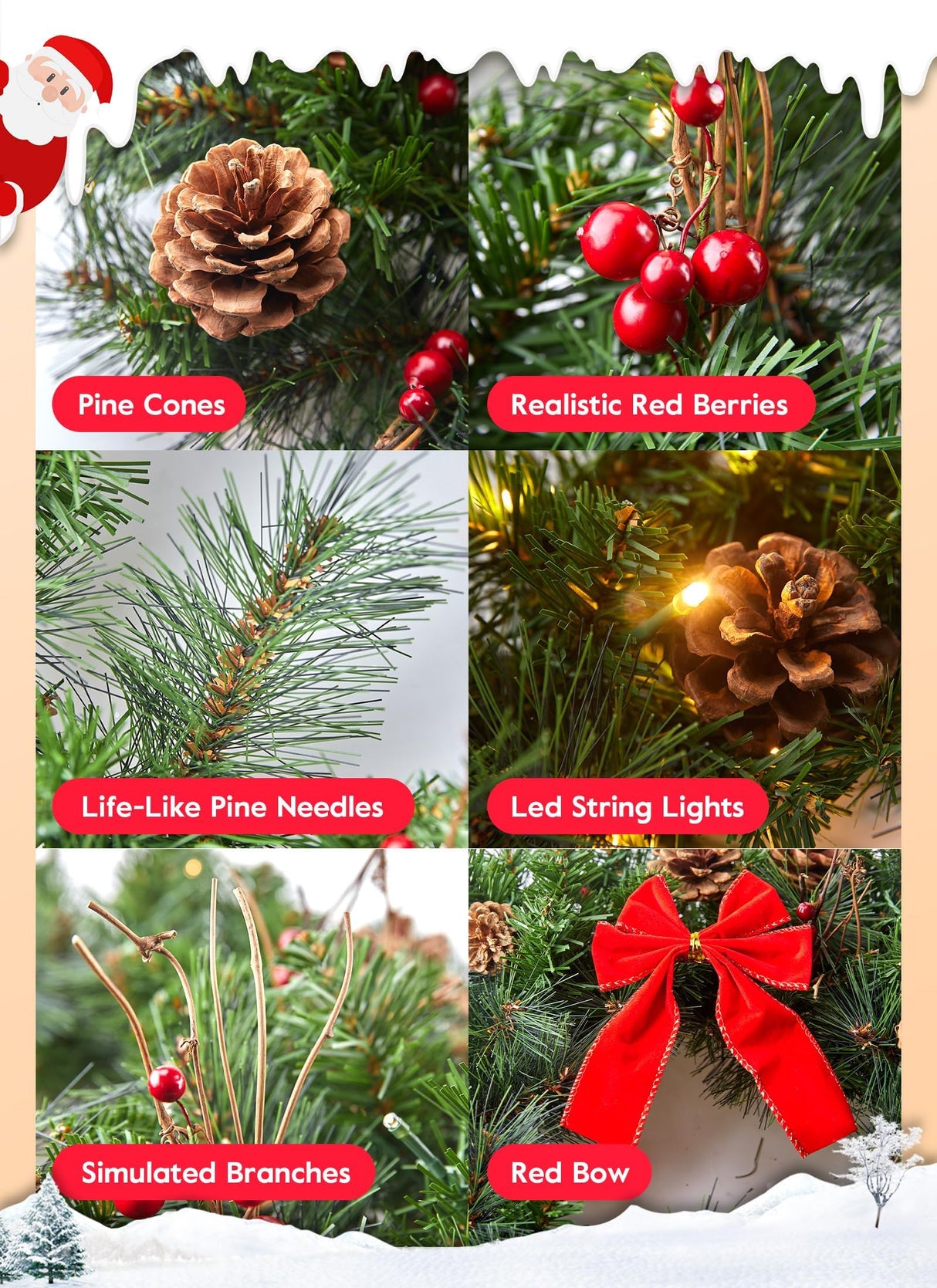 24 Inch Pre-Lit Handcrafted Christmas Wreath, IP44 Battery Operated 50 LED Christmas Wreaths, Decor with Pinecones Pine Needles Branches Red Berry Mini Bow, X-Mas Collection for Front Door Wall Window Brightown