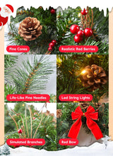24 Inch Pre-Lit Handcrafted Christmas Wreath, IP44 Battery Operated 50 LED Christmas Wreaths, Decor with Pinecones Pine Needles Branches Red Berry Mini Bow, X-Mas Collection for Front Door Wall Window Brightown