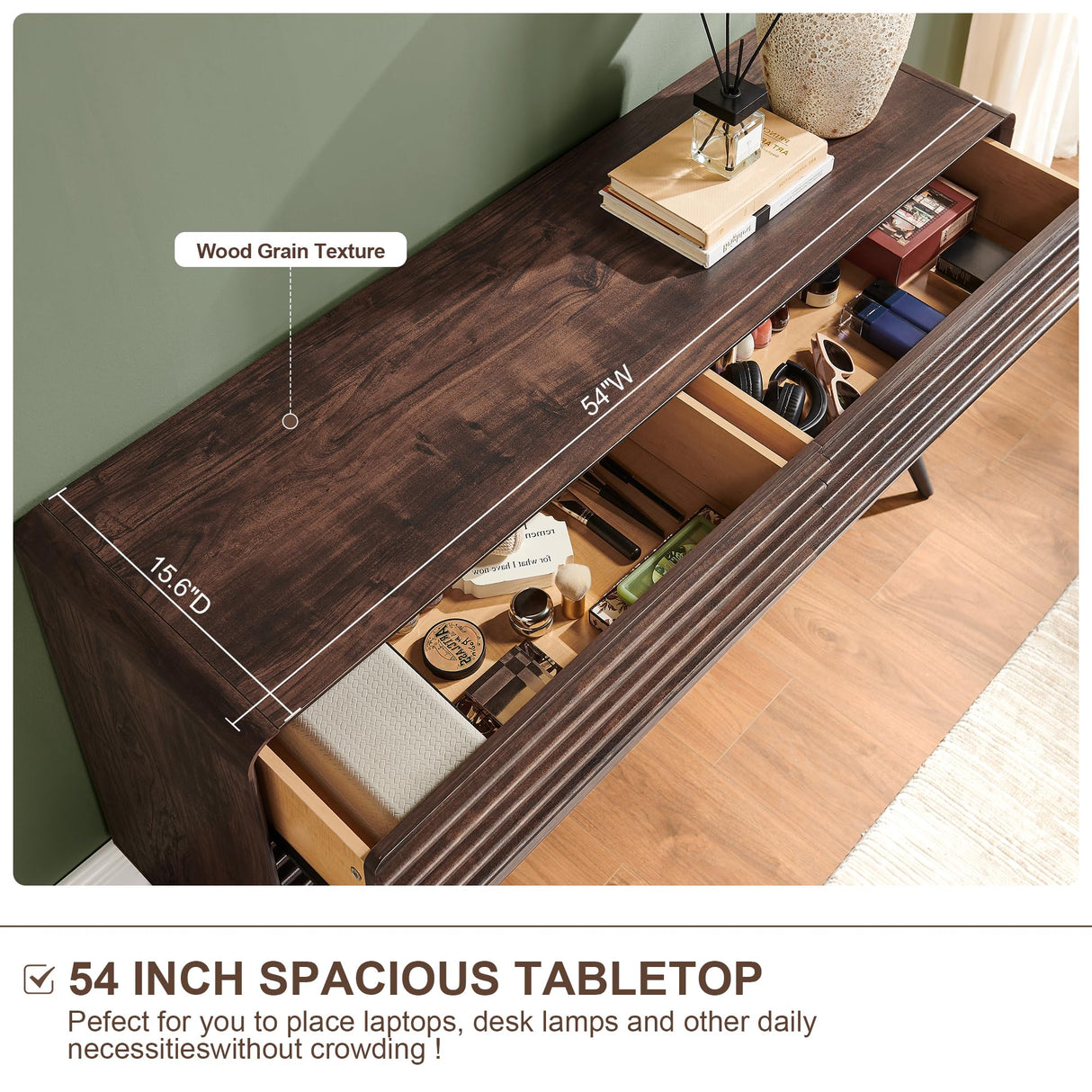 RedLemon 6 Drawers Dresser for Bedroom, 54'' Wide Mid Century Modern Wood Fluted Double Dresser, Chest of Drawers with Tapered Leg for Bedroom, Living Room, Hallway, Closet, Dark Walnut RedLemon