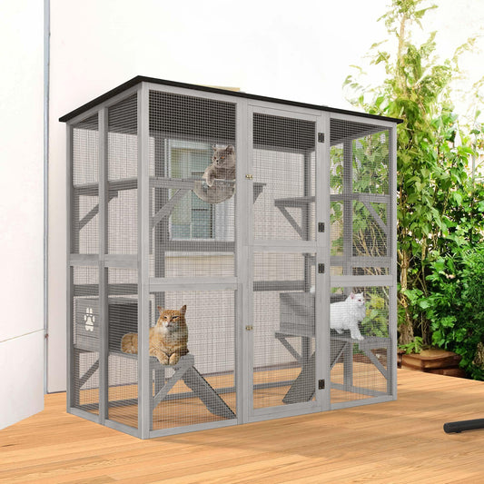 YITAHOME Catio Outdoor Cat Enclosure Large, Tall Wooden Cat House with Weatherproof Asphalt Roof, Cat Cage Playpen with Multiple Platforms & 2 Resting Boxes, 70.9" L x 38.2" W x 70.9" H