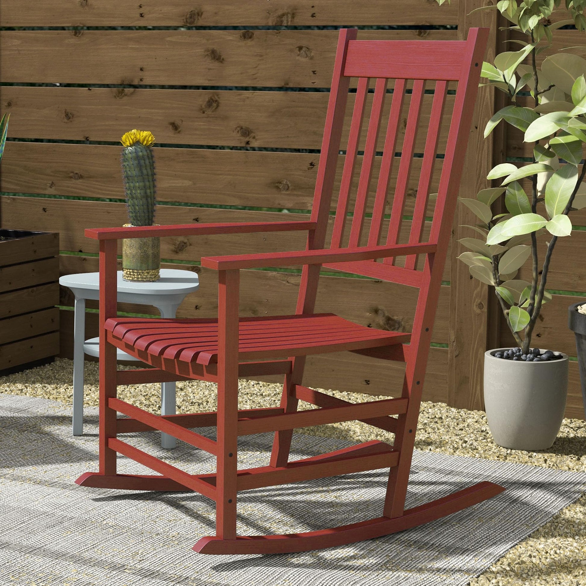 Outsunny Wooden Rocking Chair Set of 2, Outdoor Rocker Chairs with Curved Armrests, High Back & Slatted Seat for Garden, Balcony, Porch, Supports Up to 352 lbs., Wine Red - WoodArtSupply