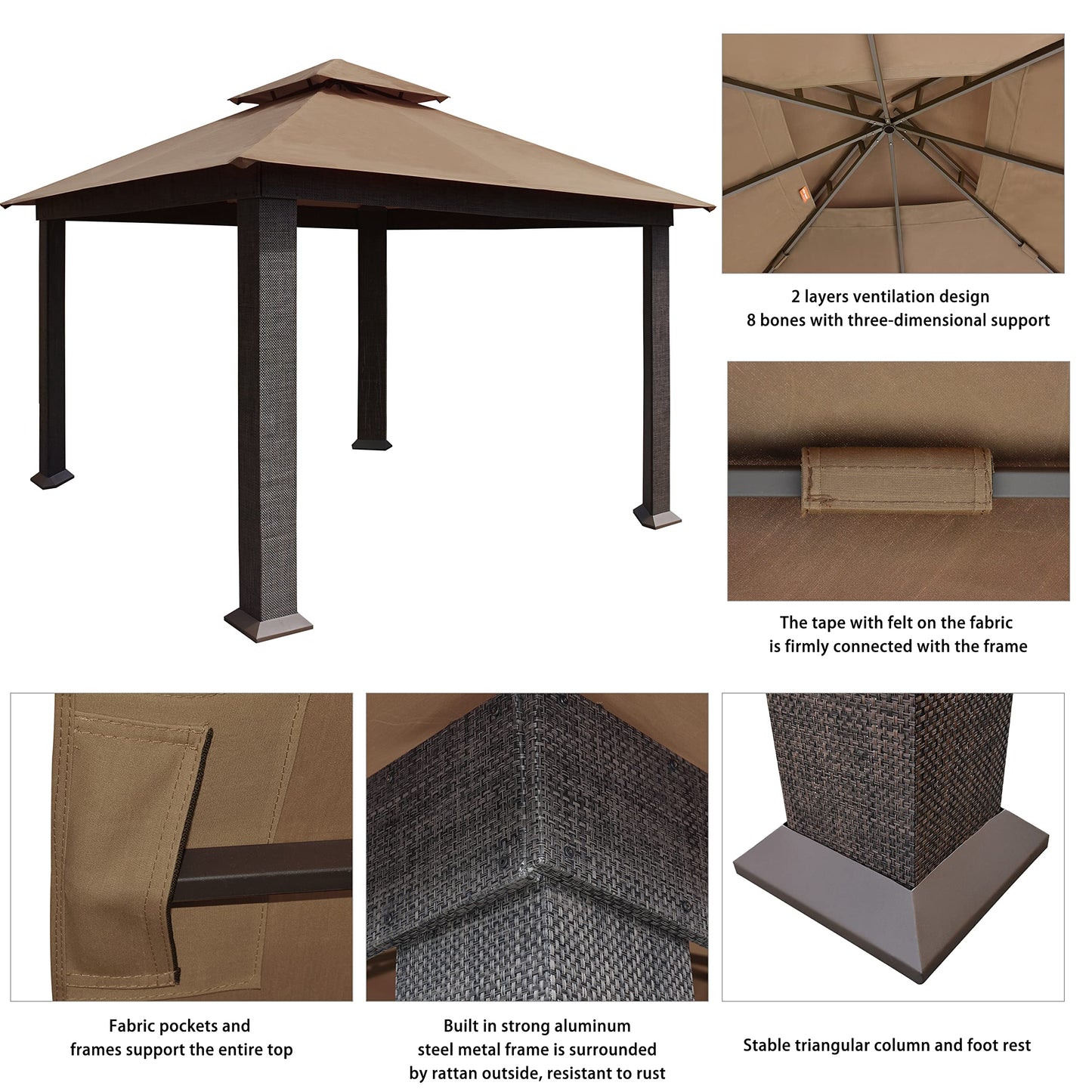 EliteShade USA 12x12 feet Titan Patio Outdoor Garden Backyard Gazebo with Ventilation and 5 Years Non-Fading,Cocoa