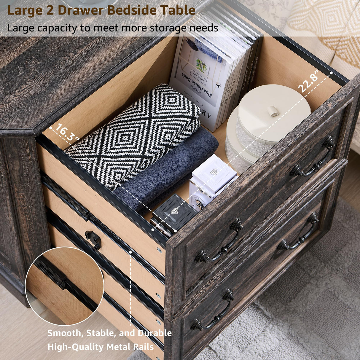 T4TREAM 30" Farmhouse Nightstand Set of 2 w/Wooden Tabletop, Large End Table, 2 Spacious Drawers Bedside Table w/Framed Drawer Fronts Design, Side Table for Bedroom, Living Room, Dark Rustic Oak T4TREAM