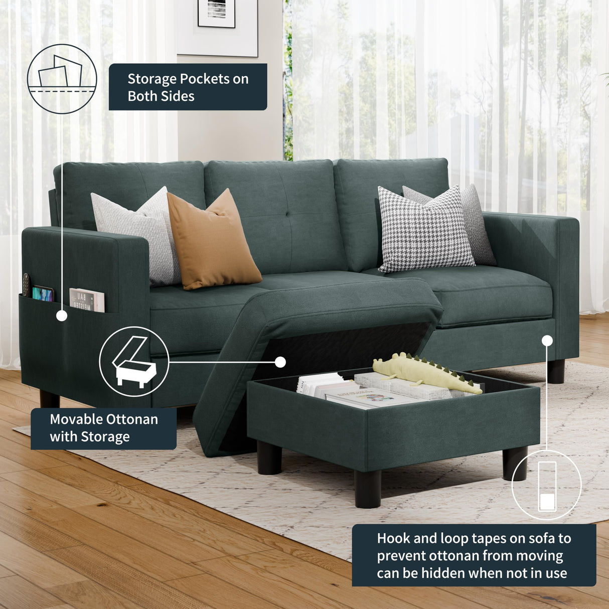 SUNLEI Convertible Sectional Couches for Living Room, L Shaped Couch with Movable Ottoman Storage, 3 Seat Small Couches for Living Room in Apartment, Linen Fabric, Dark Grey SUNLEI