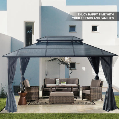 10'x13' Hardtop Metal Gazebo with Nettings and Curtains, Outdoor Heavy Duty Aluminum Frame and Polycarbonate Double Roof Permanent Gazebo, for Patios, Gardens, Lawns, Backyard