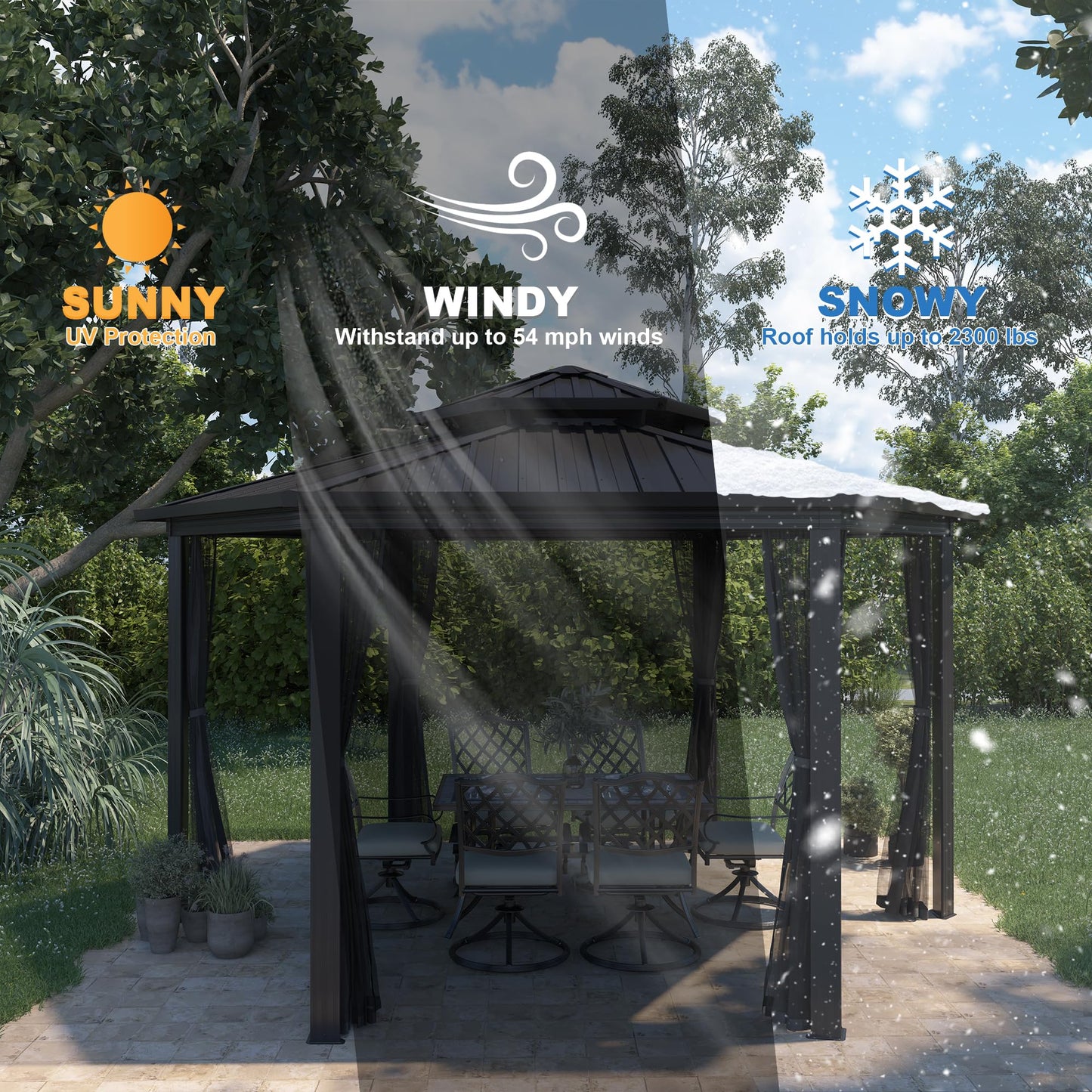 15x15Ft Hexagon Hardtop Gazebo Heavy Duty Aluminum Frame Patio Gazebo Double Roof Outdoor Pavilion with Nettings & Ceiling Hook for Patio Backyard Deck Lawns - WoodArtSupply