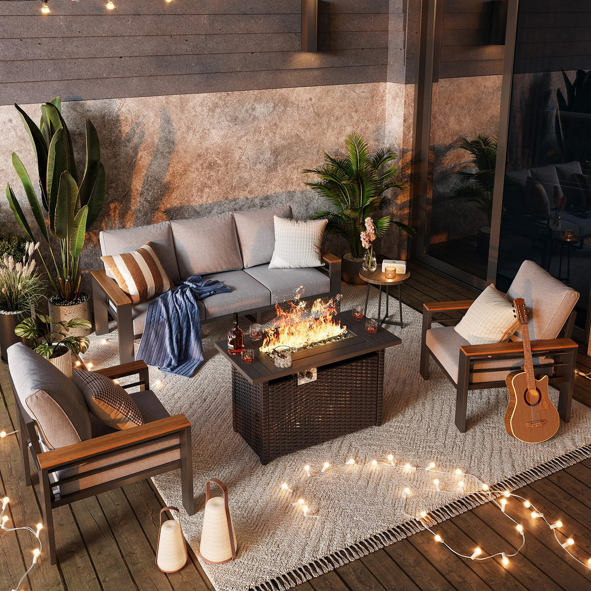 Aoxun Aluminum Outdoor Patio Furniture Set, 6-Piece Outdoor Sectional with 44'' Propane Gas Firepit Table, Patio Conversation Sets with Upgraded Armrests and Cushions for Backyard (Grey,5 Seats) Aoxun