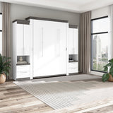 Bestar Orion Queen Murphy Bed with Storage Cabinets and Pull-Out Shelf (106W) in White and Walnut Grey, Sleeping Arrangement with Shelves Bestar