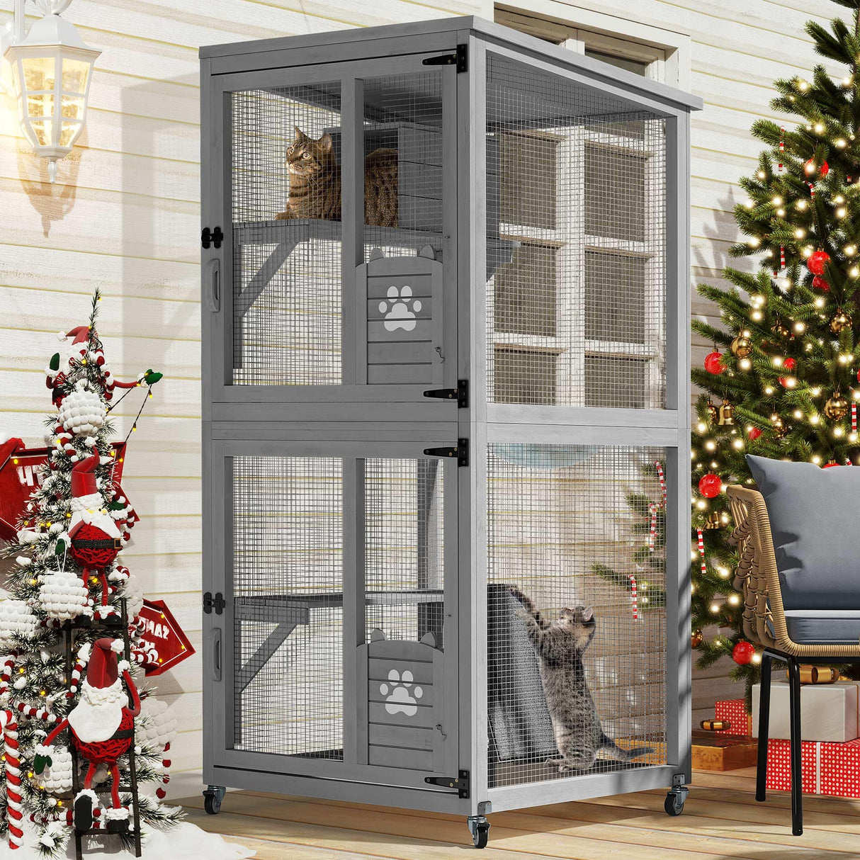 YITAHOME Cat House 70.9" Catio Outdoor Cat Enclosure on Wheels Wooden Cat Cage with Cat Space Capsule Bed and Cat Scratcher Ramp, Cat Patio Waterproof Roof(Grey) YITAHOME