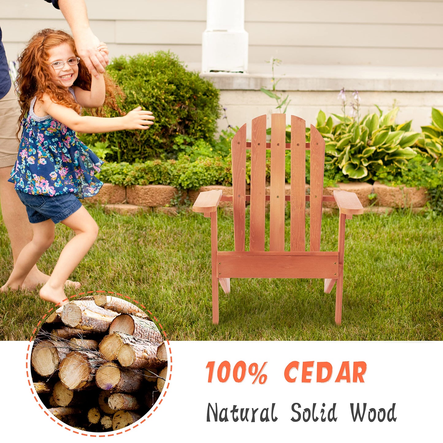 Wooden Kid's Adirondack Chair for Indoor and Outdoor, Natural Cedar Patio Lounge Chiar for Kids