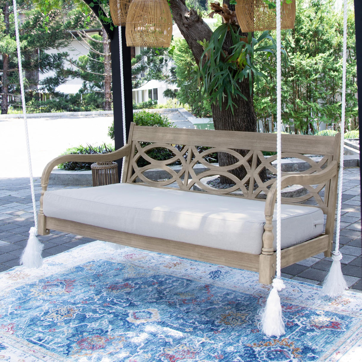 Cambridge Casual Renley Mahogany Porch Swing Bed with Oyster Cushion – Outdoor Hanging Swing Daybed for Patio, Backyard, or Garden – Durable Solid Wood, Weather-Resistant Cambridge Casual